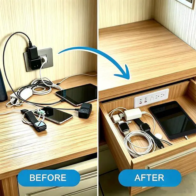 Alt view image 4 of 6 - Drawer Outlet Kit, Retractable Arm, Integrated Safety Shutoff Fast Charging | (4) 30W USB-C & (2) USB-A(2) tamper-resistant AC | Surge Protector | for Cabinets,Vanity Cabinet, Night stand