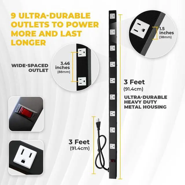 Alt view image 2 of 7 - 9 Outlets 3 Feet Power Cord 3 Feet Body OT3093 Heavy Duty Metal Surge Protector Power Strip with Mounting Parts - Free End Caps for Shipping Protection Only
