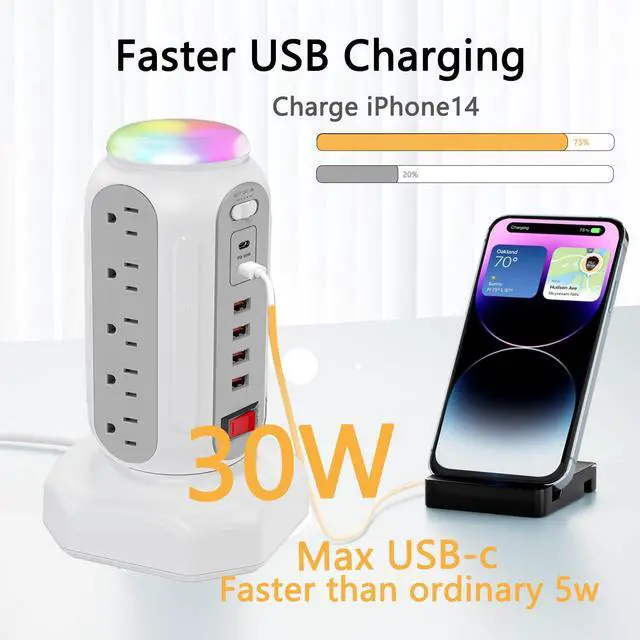 Alt view image 3 of 7 - Fast Charging Station Power Tower - 15 AC Outlets & Dual USB-C 30W (Single Port 30W/2 Ports 15W Each), 4 USB-A, Retractable Cord Surge Protector with Top Night Light for Home Office Dorm Room