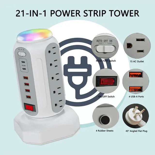 Alt view image 2 of 7 - Fast Charging Station Power Tower - 15 AC Outlets & Dual USB-C 30W (Single Port 30W/2 Ports 15W Each), 4 USB-A, Retractable Cord Surge Protector with Top Night Light for Home Office Dorm Room