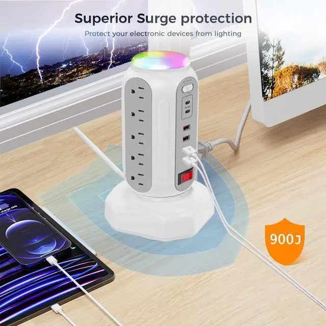 Alt view image 5 of 7 - Fast Charging Station Power Tower - 15 AC Outlets & Dual USB-C 30W (Single Port 30W/2 Ports 15W Each), 4 USB-A, Retractable Cord Surge Protector with Top Night Light for Home Office Dorm Room