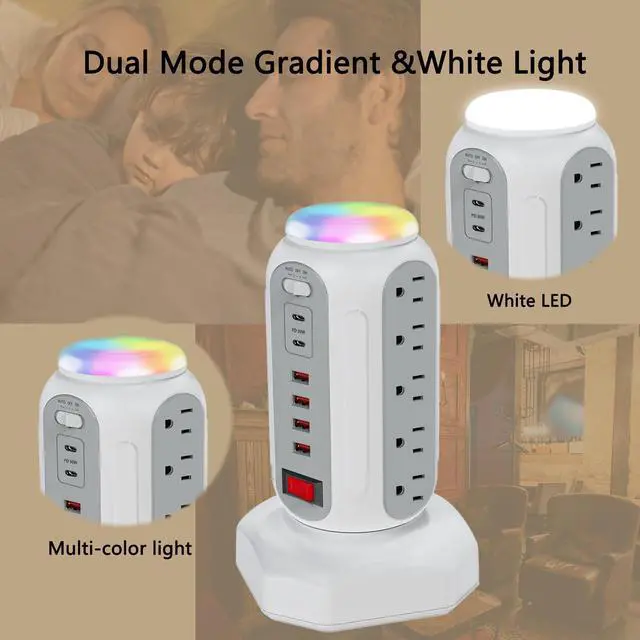 Alt view image 4 of 7 - Fast Charging Station Power Tower - 15 AC Outlets & Dual USB-C 30W (Single Port 30W/2 Ports 15W Each), 4 USB-A, Retractable Cord Surge Protector with Top Night Light for Home Office Dorm Room