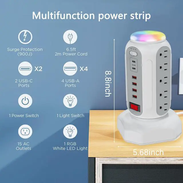 Alt view image 6 of 7 - Fast Charging Station Power Tower - 15 AC Outlets & Dual USB-C 30W (Single Port 30W/2 Ports 15W Each), 4 USB-A, Retractable Cord Surge Protector with Top Night Light for Home Office Dorm Room