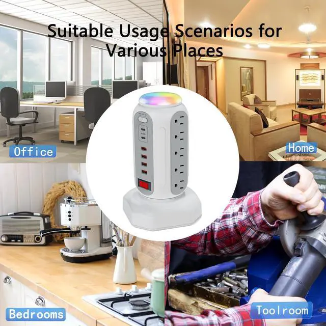 Alt view image 7 of 7 - Fast Charging Station Power Tower - 15 AC Outlets & Dual USB-C 30W (Single Port 30W/2 Ports 15W Each), 4 USB-A, Retractable Cord Surge Protector with Top Night Light for Home Office Dorm Room