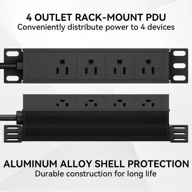 Alt view image 2 of 7 - 10 inch Rack PDU-1U (4 Rear Outlets),125V/15A 6ft Cable,Surge Protected | 1020J,15A Overload Switch,Rack Mount Power Distribution Unit for 10" Mini Server Rack Accessories,Network Cabinets/Rack/Self