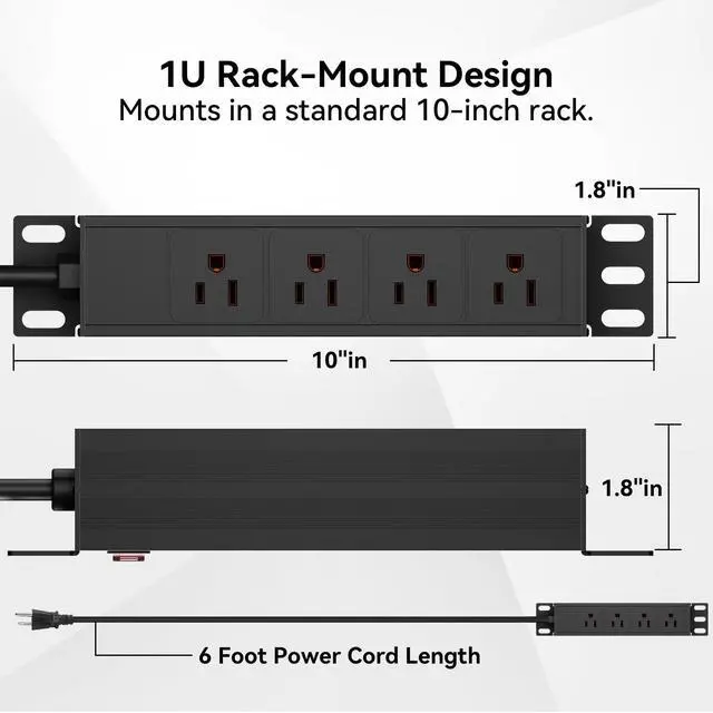 Alt view image 3 of 7 - 10 inch Rack PDU-1U (4 Rear Outlets),125V/15A 6ft Cable,Surge Protected | 1020J,15A Overload Switch,Rack Mount Power Distribution Unit for 10" Mini Server Rack Accessories,Network Cabinets/Rack/Self