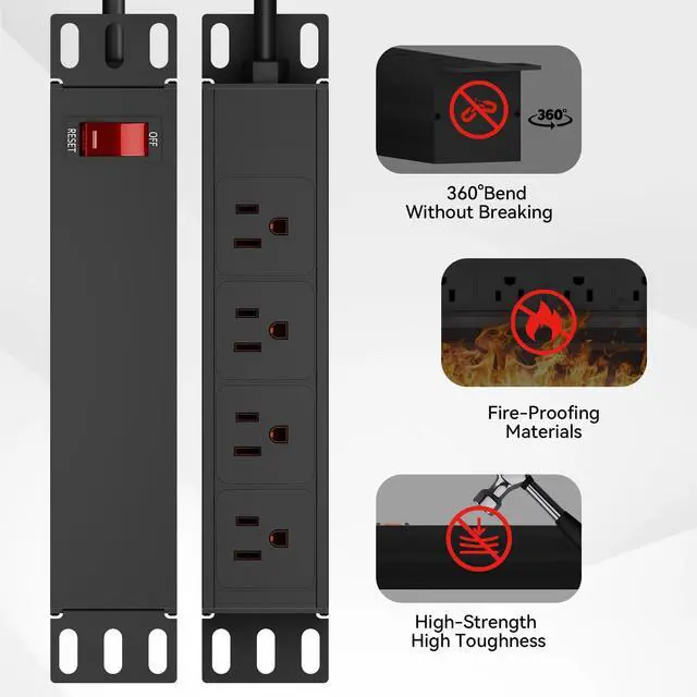 Alt view image 4 of 7 - 10 inch Rack PDU-1U (4 Rear Outlets),125V/15A 6ft Cable,Surge Protected | 1020J,15A Overload Switch,Rack Mount Power Distribution Unit for 10" Mini Server Rack Accessories,Network Cabinets/Rack/Self
