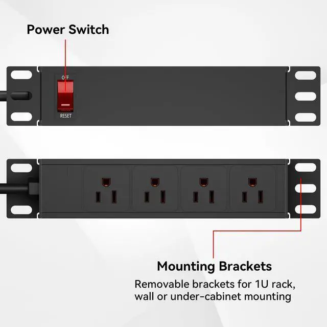 Alt view image 5 of 7 - 10 inch Rack PDU-1U (4 Rear Outlets),125V/15A 6ft Cable,Surge Protected | 1020J,15A Overload Switch,Rack Mount Power Distribution Unit for 10" Mini Server Rack Accessories,Network Cabinets/Rack/Self