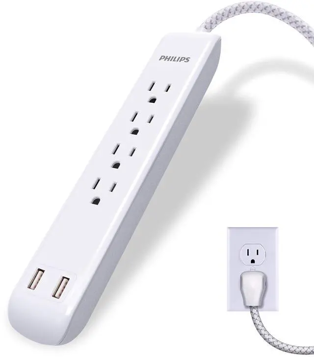 Main image of 4 Outlet Power Strip Surge Protector with 2 USB Ports, 4 Ft Power Cord, Designer Braided Extension Cord, Flat Plug Extension Cord, 720 Joules, White, SPC6244WC/37