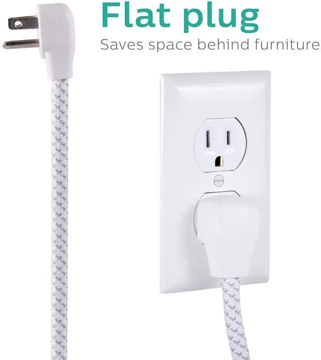 Alt view image 3 of 7 - 4 Outlet Power Strip Surge Protector with 2 USB Ports, 4 Ft Power Cord, Designer Braided Extension Cord, Flat Plug Extension Cord, 720 Joules, White, SPC6244WC/37
