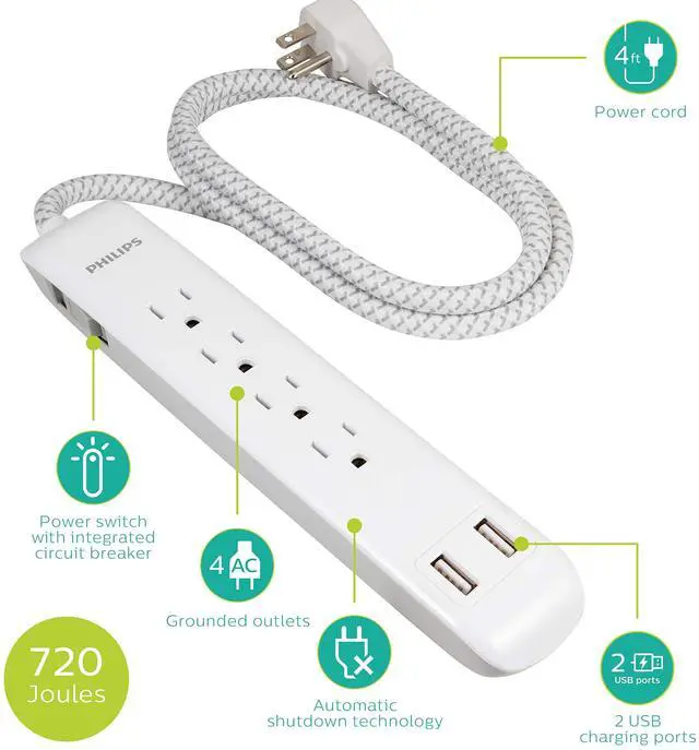 Alt view image 2 of 7 - 4 Outlet Power Strip Surge Protector with 2 USB Ports, 4 Ft Power Cord, Designer Braided Extension Cord, Flat Plug Extension Cord, 720 Joules, White, SPC6244WC/37