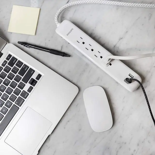Alt view image 6 of 7 - 4 Outlet Power Strip Surge Protector with 2 USB Ports, 4 Ft Power Cord, Designer Braided Extension Cord, Flat Plug Extension Cord, 720 Joules, White, SPC6244WC/37