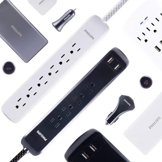 Alt view image 7 of 7 - 4 Outlet Power Strip Surge Protector with 2 USB Ports, 4 Ft Power Cord, Designer Braided Extension Cord, Flat Plug Extension Cord, 720 Joules, White, SPC6244WC/37