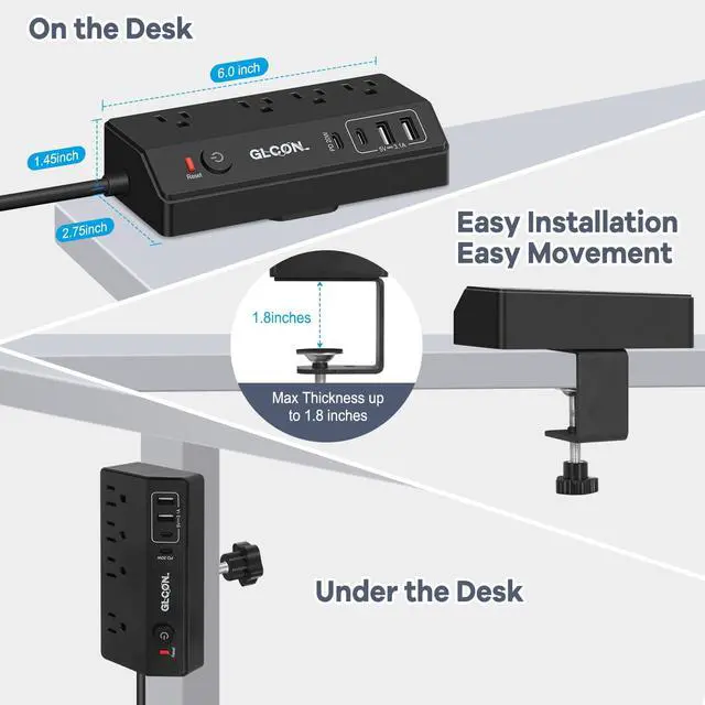 Alt view image 6 of 7 - Desk Clamp Power Strip,20W USB C Fast Charging Station | 10FT Extension Cord, 4 AC Outlets 4 USB Ports Charging Station,Surge Protector Extender, Fits 1.8" Tabletop Edge, Black