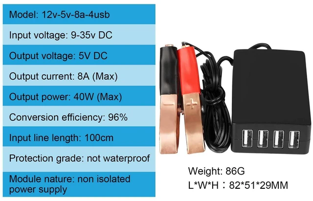 Alt view image 2 of 6 - DC Converter with Battery Clip 12V 24V to 5V 8A USB Power Adapter Buck Regulator Charger, 4 Ports Automatically Identify shunt Charging, Suitable for iPhone Android Samsung Galaxy S10 s9 Plus