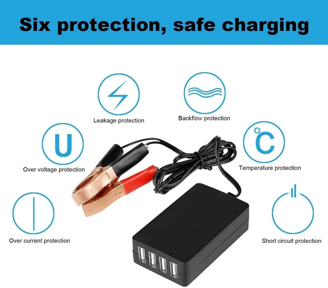 Alt view image 3 of 6 - DC Converter with Battery Clip 12V 24V to 5V 8A USB Power Adapter Buck Regulator Charger, 4 Ports Automatically Identify shunt Charging, Suitable for iPhone Android Samsung Galaxy S10 s9 Plus