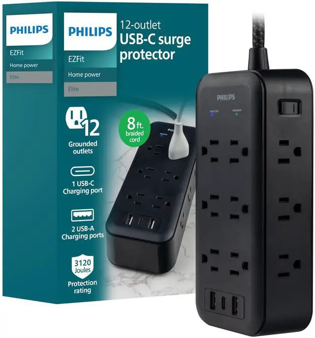 Main image of Surge Protector Power Strip with USB Ports | 8 Ft Long Braided Extension Cord, 3120 Joules, 12 Outlet Extender (Wide Spaced), 2 USB-A, 1 USB-C, Flat Plug, ETL Certified