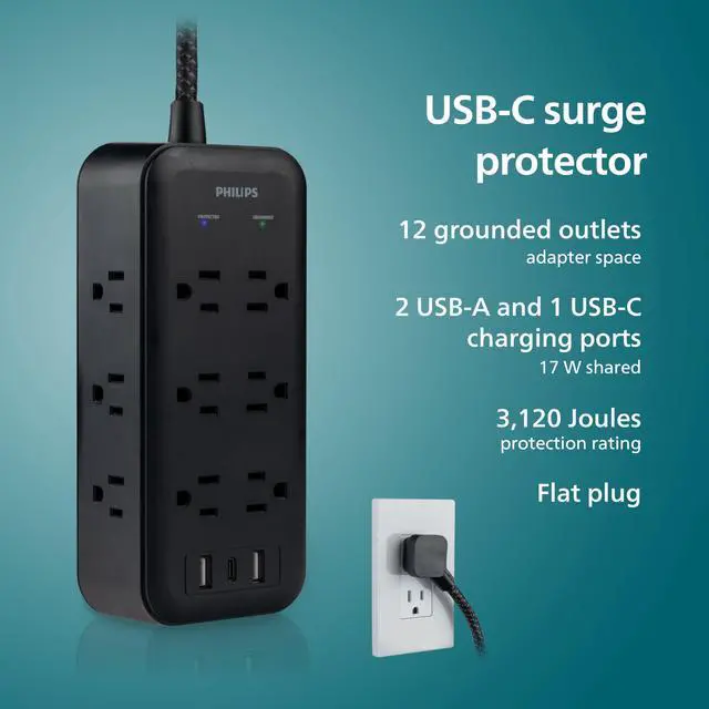 Alt view image 2 of 6 - Surge Protector Power Strip with USB Ports | 8 Ft Long Braided Extension Cord, 3120 Joules, 12 Outlet Extender (Wide Spaced), 2 USB-A, 1 USB-C, Flat Plug, ETL Certified