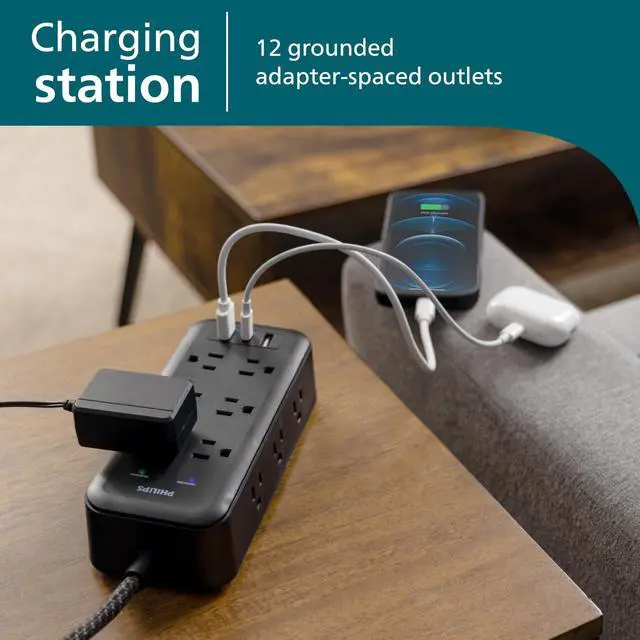 Alt view image 3 of 6 - Surge Protector Power Strip with USB Ports | 8 Ft Long Braided Extension Cord, 3120 Joules, 12 Outlet Extender (Wide Spaced), 2 USB-A, 1 USB-C, Flat Plug, ETL Certified