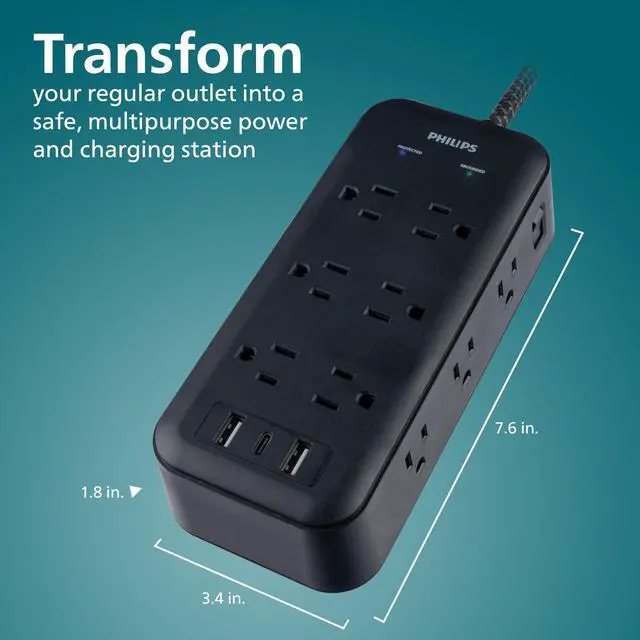 Alt view image 6 of 6 - Surge Protector Power Strip with USB Ports | 8 Ft Long Braided Extension Cord, 3120 Joules, 12 Outlet Extender (Wide Spaced), 2 USB-A, 1 USB-C, Flat Plug, ETL Certified