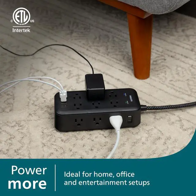 Alt view image 4 of 6 - Surge Protector Power Strip with USB Ports | 8 Ft Long Braided Extension Cord, 3120 Joules, 12 Outlet Extender (Wide Spaced), 2 USB-A, 1 USB-C, Flat Plug, ETL Certified