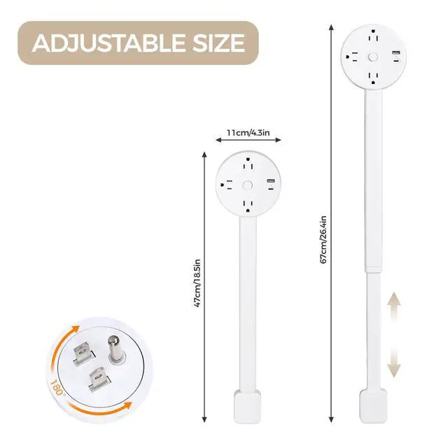 Alt view image 2 of 6 - Rotating Multi-Outlet Extension with On/Off Power Switch and USB Ports, Vertical Power Lift Socket Expander, Extendable Power Strip for Behind Couches, Desks, or Tables