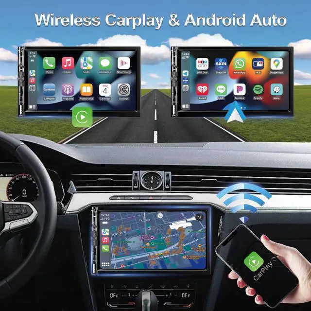 Alt view image 2 of 7 - Wireless 7 Inch Double Din Car Stereo with Apple Carplay,Car Radio Receiver | Bluetooth 5.1,HD 1024 * 600 Touch Screen, Hands-Free,FM,GPS Navigation,Backup Camera,Android Auto,USB/AUX/TF/SWC/EQ