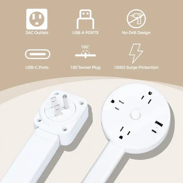 Alt view image 6 of 6 - Rotating Multi-Outlet Extension with On/Off Power Switch and USB Ports, Vertical Power Lift Socket Expander, Extendable Power Strip for Behind Couches, Desks, or Tables