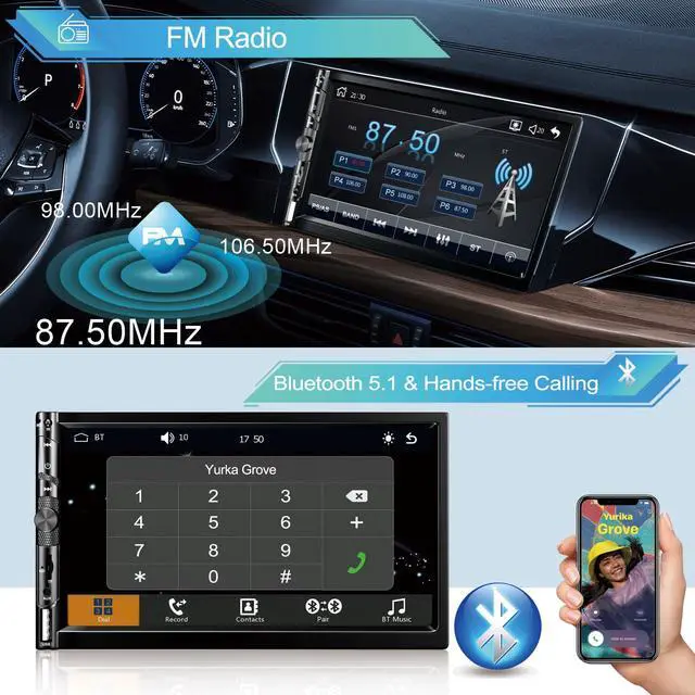 Alt view image 4 of 7 - Wireless 7 Inch Double Din Car Stereo with Apple Carplay,Car Radio Receiver | Bluetooth 5.1,HD 1024 * 600 Touch Screen, Hands-Free,FM,GPS Navigation,Backup Camera,Android Auto,USB/AUX/TF/SWC/EQ