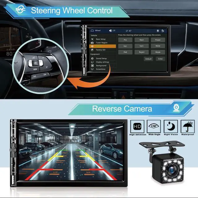 Alt view image 5 of 7 - Wireless 7 Inch Double Din Car Stereo with Apple Carplay,Car Radio Receiver | Bluetooth 5.1,HD 1024 * 600 Touch Screen, Hands-Free,FM,GPS Navigation,Backup Camera,Android Auto,USB/AUX/TF/SWC/EQ