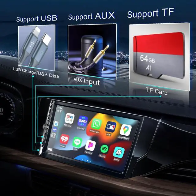 Alt view image 6 of 7 - Wireless 7 Inch Double Din Car Stereo with Apple Carplay,Car Radio Receiver | Bluetooth 5.1,HD 1024 * 600 Touch Screen, Hands-Free,FM,GPS Navigation,Backup Camera,Android Auto,USB/AUX/TF/SWC/EQ