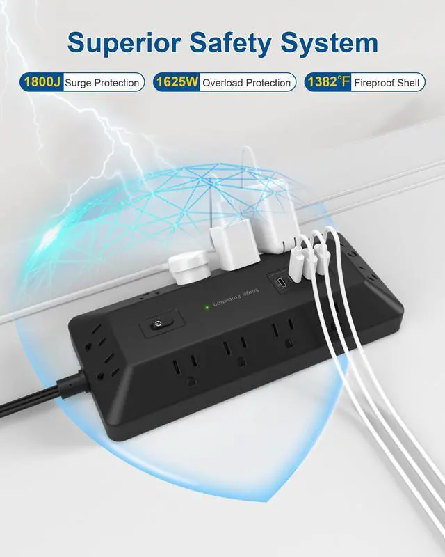 Alt view image 2 of 5 - 6 Ft Power Strip with Surge Protector 1800J, Extension Cord with Multiple Outlets 12AC+4USB(2USB-C Port for 20W), Flat Plug Outlet Extender with 1625W/13A for Laptop, Desk, Home Office Dorm
