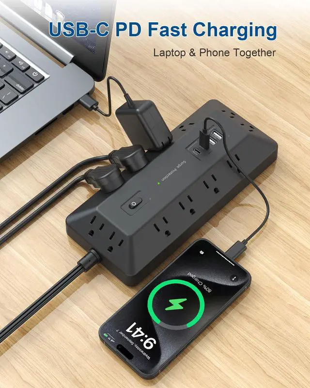 Alt view image 4 of 5 - 6 Ft Power Strip with Surge Protector 1800J, Extension Cord with Multiple Outlets 12AC+4USB(2USB-C Port for 20W), Flat Plug Outlet Extender with 1625W/13A for Laptop, Desk, Home Office Dorm