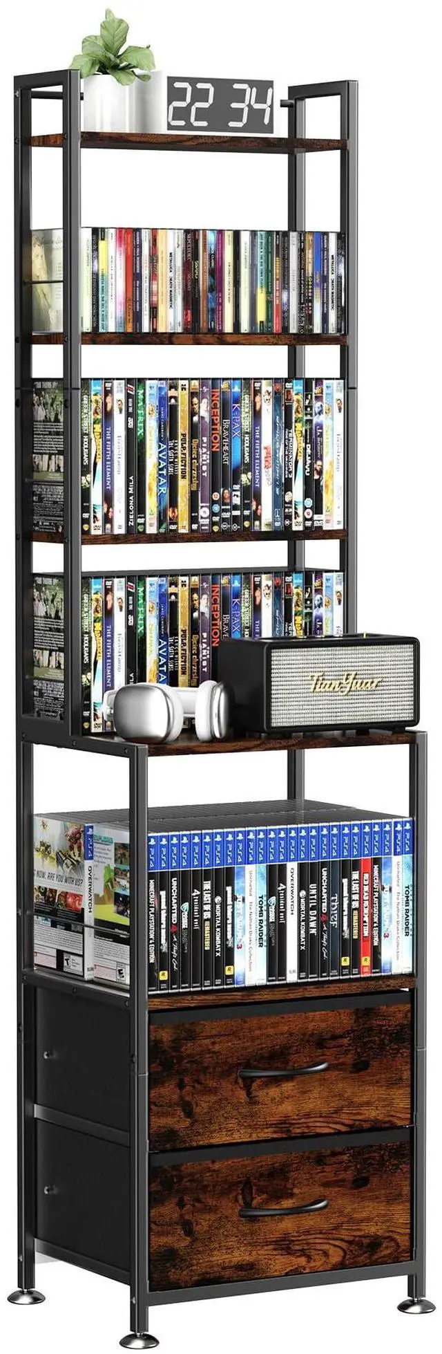 Main image of CD Storage Rack with Two Drawers, 7-Tier DVD Shelf and Rack | CD Holder Tower for DVDs, Books, Media Games, Movie Collection and Decor, Ideal for Living Room, Home