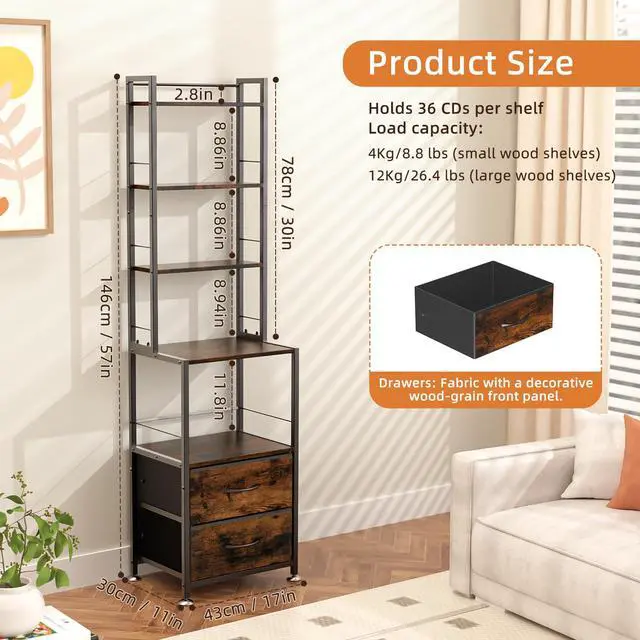 Alt view image 2 of 7 - CD Storage Rack with Two Drawers, 7-Tier DVD Shelf and Rack | CD Holder Tower for DVDs, Books, Media Games, Movie Collection and Decor, Ideal for Living Room, Home