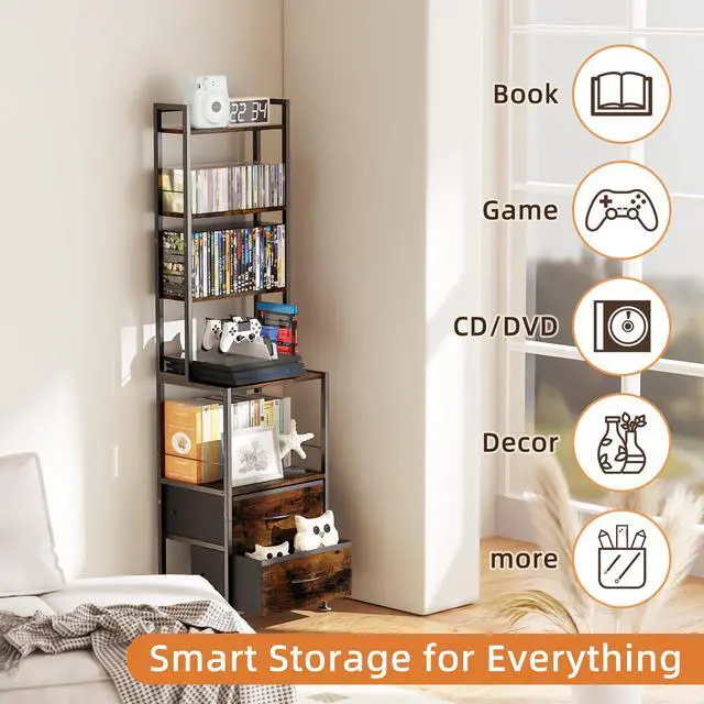 Alt view image 4 of 7 - CD Storage Rack with Two Drawers, 7-Tier DVD Shelf and Rack | CD Holder Tower for DVDs, Books, Media Games, Movie Collection and Decor, Ideal for Living Room, Home