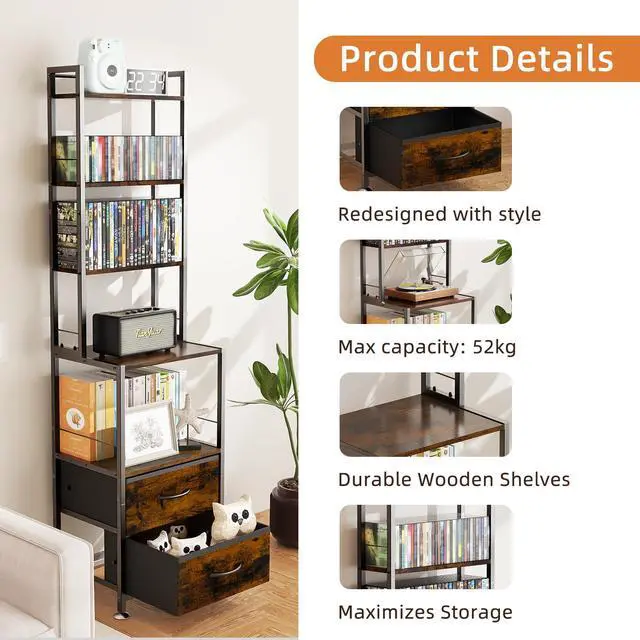 Alt view image 7 of 7 - CD Storage Rack with Two Drawers, 7-Tier DVD Shelf and Rack | CD Holder Tower for DVDs, Books, Media Games, Movie Collection and Decor, Ideal for Living Room, Home