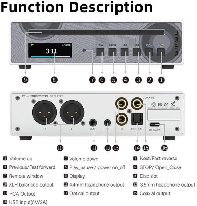 Alt view image 4 of 6 - SMSL PL100PRO CD Player, Dual CS43131 DAC Chip Lossless MQA Playback CD-R/CD-RW/MP3 Disc, XLR/RCA/Optical/Coaxial/3.5mm/4.4mm Headphone Output, Compact HiFi CD Player for Home Audio