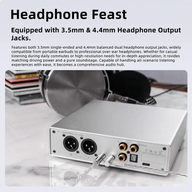 Alt view image 5 of 6 - SMSL PL100PRO CD Player, Dual CS43131 DAC Chip Lossless MQA Playback CD-R/CD-RW/MP3 Disc, XLR/RCA/Optical/Coaxial/3.5mm/4.4mm Headphone Output, Compact HiFi CD Player for Home Audio