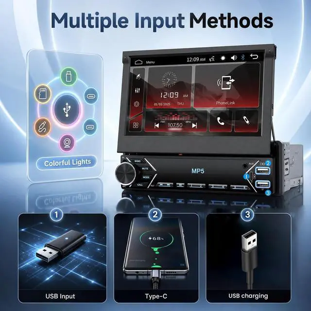 Alt view image 4 of 7 - Single Din Flip Out IPS Touchscreen Car Stereo, 7inch Car Stereo with Bluetooth Car Audio Receivers, Backup Camera, FM Radio/Mirror Link/USB/AUX/TF/Type-C Fast Charging