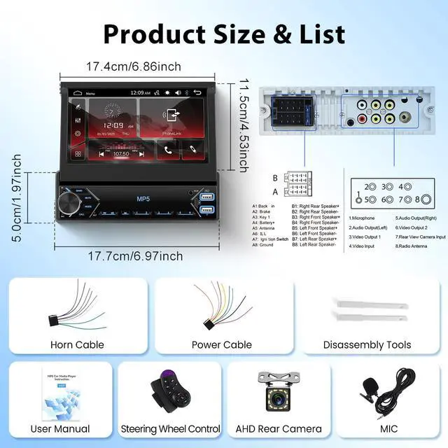 Alt view image 7 of 7 - Single Din Flip Out IPS Touchscreen Car Stereo, 7inch Car Stereo with Bluetooth Car Audio Receivers, Backup Camera, FM Radio/Mirror Link/USB/AUX/TF/Type-C Fast Charging