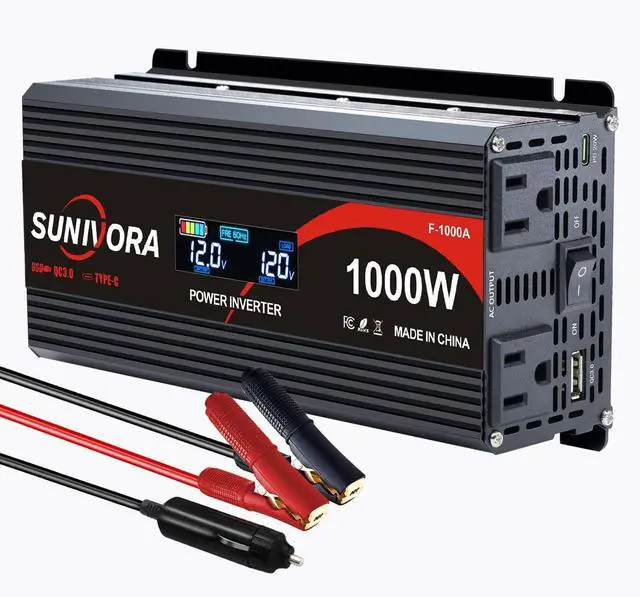Main image of 1000 Watt Car Power Inverter 12V DC to 110V/120V AC Converter 2000W Peak with LCD Display, 2 AC Outlets & PD Type-C & USB 3.0, Car Plug in Adapter Outlet Supplies Power to Appliances on Car Boat