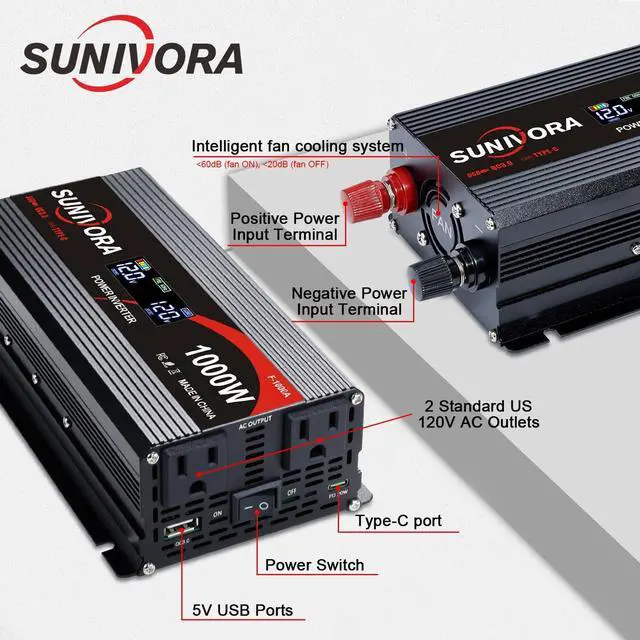 Alt view image 4 of 7 - 1000 Watt Car Power Inverter 12V DC to 110V/120V AC Converter 2000W Peak with LCD Display, 2 AC Outlets & PD Type-C & USB 3.0, Car Plug in Adapter Outlet Supplies Power to Appliances on Car Boat
