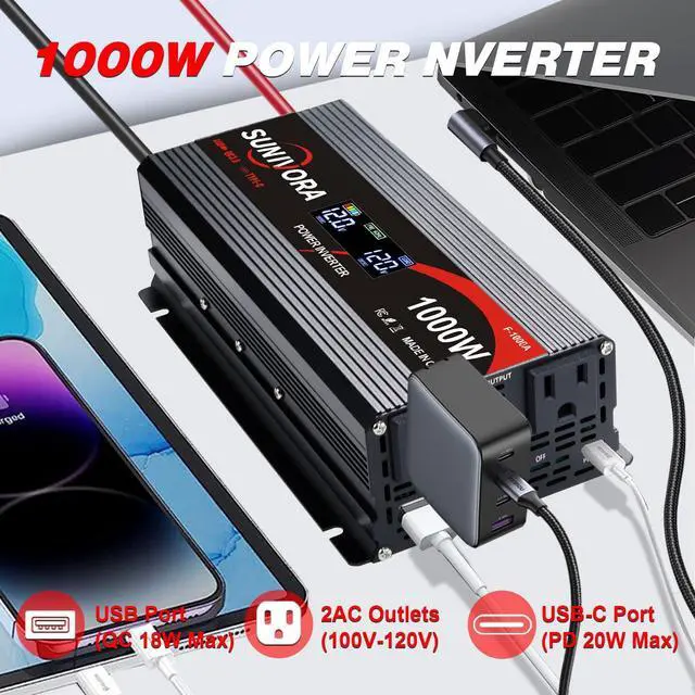 Alt view image 2 of 7 - 1000 Watt Car Power Inverter 12V DC to 110V/120V AC Converter 2000W Peak with LCD Display, 2 AC Outlets & PD Type-C & USB 3.0, Car Plug in Adapter Outlet Supplies Power to Appliances on Car Boat