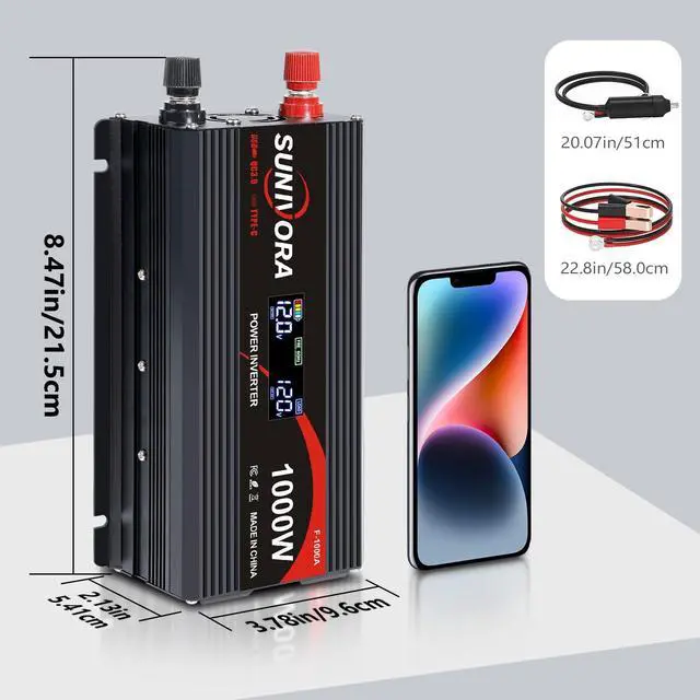 Alt view image 6 of 7 - 1000 Watt Car Power Inverter 12V DC to 110V/120V AC Converter 2000W Peak with LCD Display, 2 AC Outlets & PD Type-C & USB 3.0, Car Plug in Adapter Outlet Supplies Power to Appliances on Car Boat