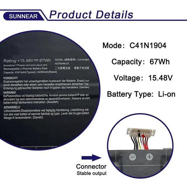 Alt view image 2 of 6 - C41N1904 C41N1904-1 Battery for ASUS ZenBook 13 UX325SA UX425UA | 15.48V 67Wh; for ASUS ZenBook 13 BX325JA UM325SA UX363EA-EM045R 14 UM425IA HM053T Flip S13 UX393EA VivoBook S14 S435EA