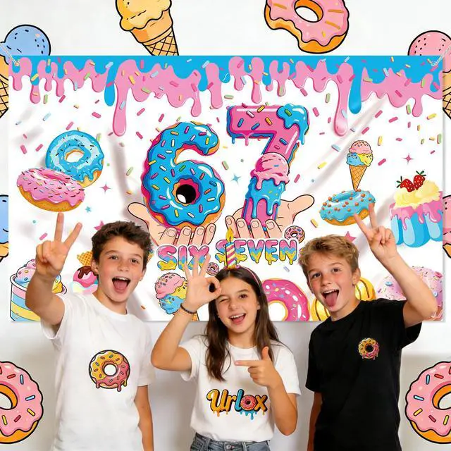 Alt view image 3 of 7 - 6 7 Birthday Decorations Funny Meme Donut Theme Happy Birthday Backdrop Blue and Pink Party Photo Booth Background for Birthday Party Photography 6 x 3.6 ft Fabric
