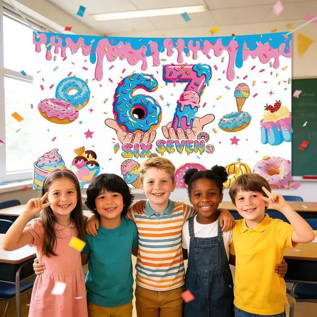 Alt view image 5 of 7 - 6 7 Birthday Decorations Funny Meme Donut Theme Happy Birthday Backdrop Blue and Pink Party Photo Booth Background for Birthday Party Photography 6 x 3.6 ft Fabric