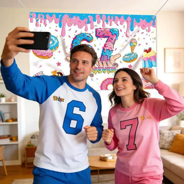 Alt view image 4 of 7 - 6 7 Birthday Decorations Funny Meme Donut Theme Happy Birthday Backdrop Blue and Pink Party Photo Booth Background for Birthday Party Photography 6 x 3.6 ft Fabric