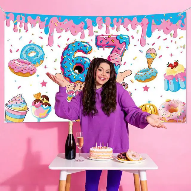 Alt view image 6 of 7 - 6 7 Birthday Decorations Funny Meme Donut Theme Happy Birthday Backdrop Blue and Pink Party Photo Booth Background for Birthday Party Photography 6 x 3.6 ft Fabric